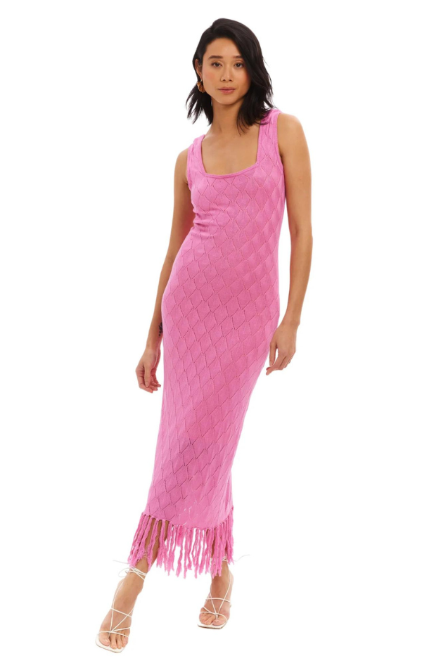 pink knit maxi dress with hem fringe