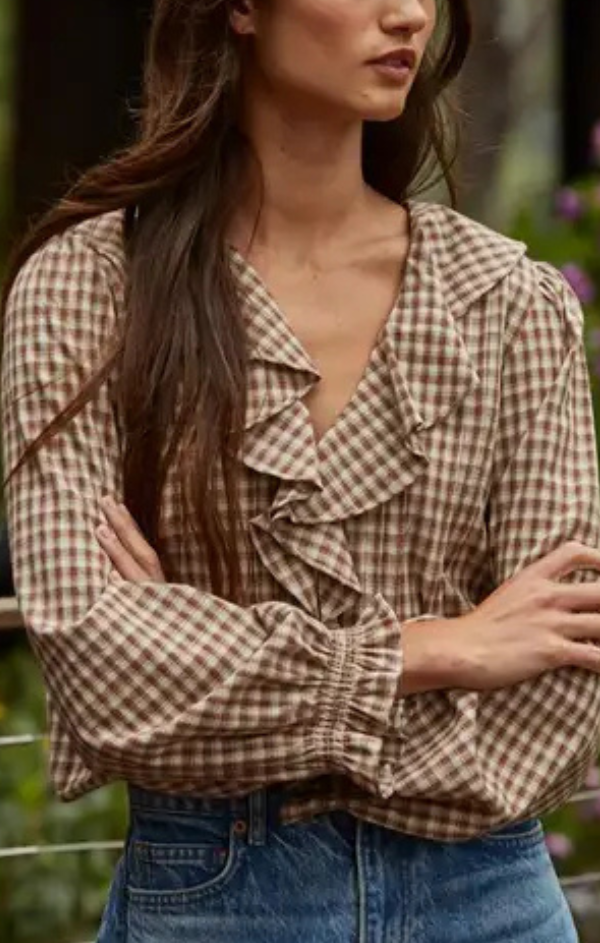 Cotton Gingham Ruffle Blouse