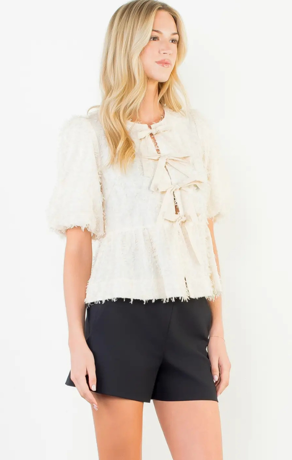 Freya Fringed Front Tie Puff Sleeve Top