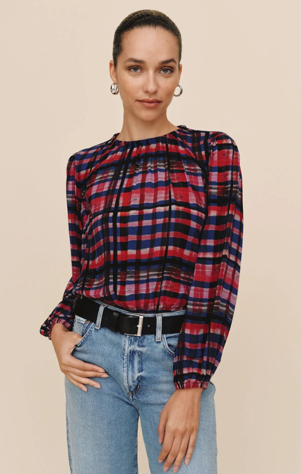 Elastic Shirred Top in Winter Plaid Print