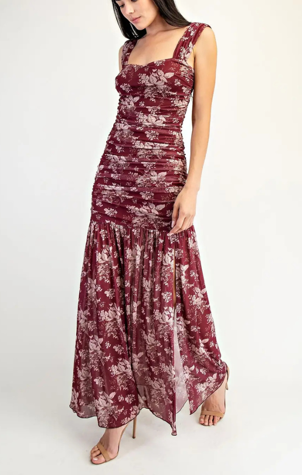 Fae Floral Ruched Maxi Dress with Slit
