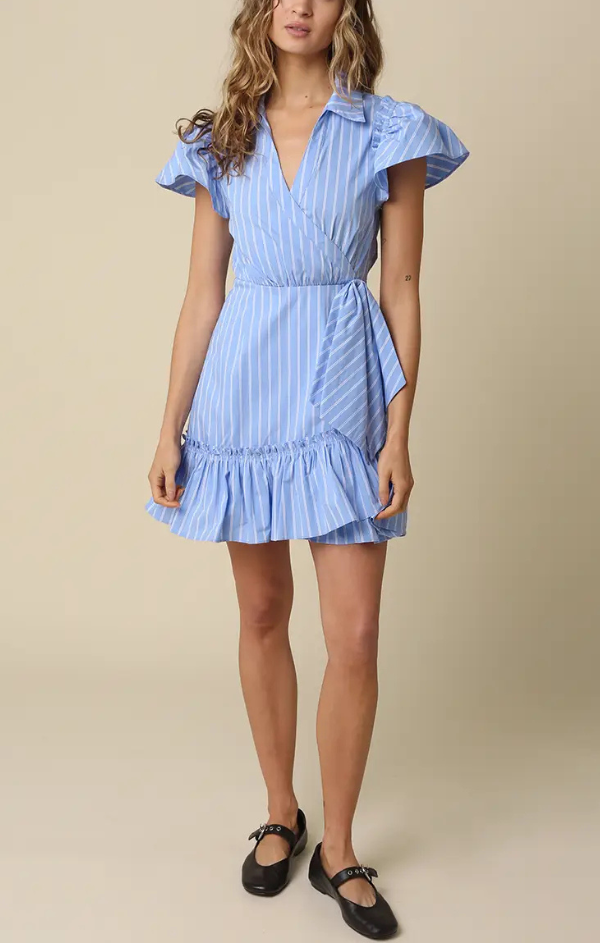 Hailee Stripe Ruffle Wrap Mini Dress S Hailee Stripe Ruffle Wrap Mini Dress S