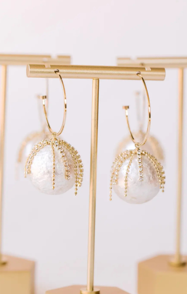 Diamond Fringe Holiday Pearl Hoop Earrings