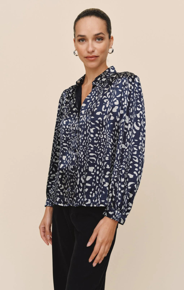 Long Sleeve Shirred Shoulder Button Down