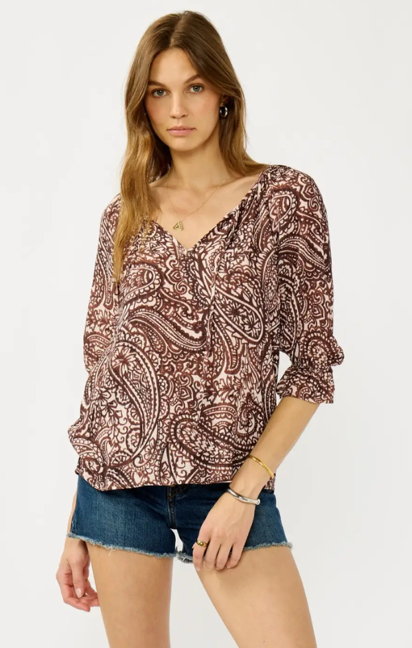 Smocked Paisley Split Neck Blouse