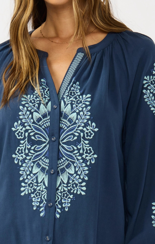 Sky Blooms Embroidered Raglan Button Blouse