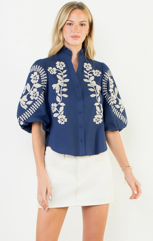 Polly Puff Sleeve Floral Embroidered Top