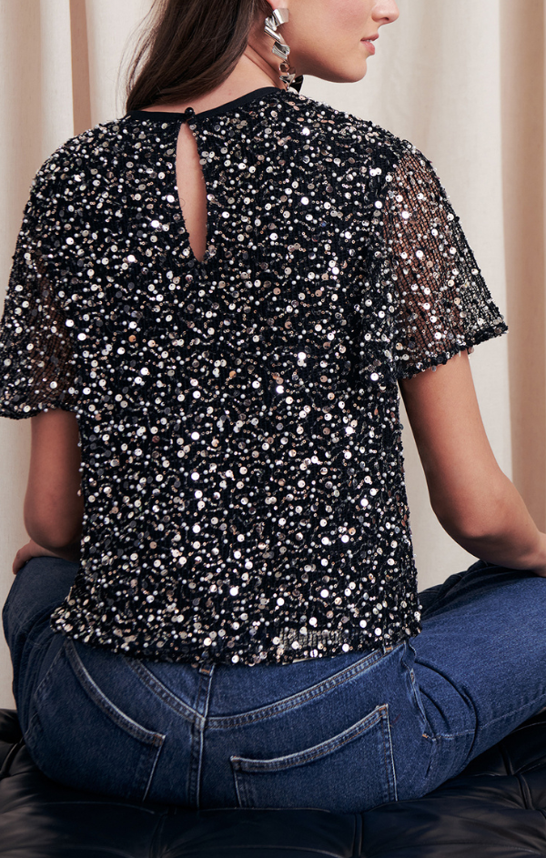 Natassia Tweed Bead Sequin Top