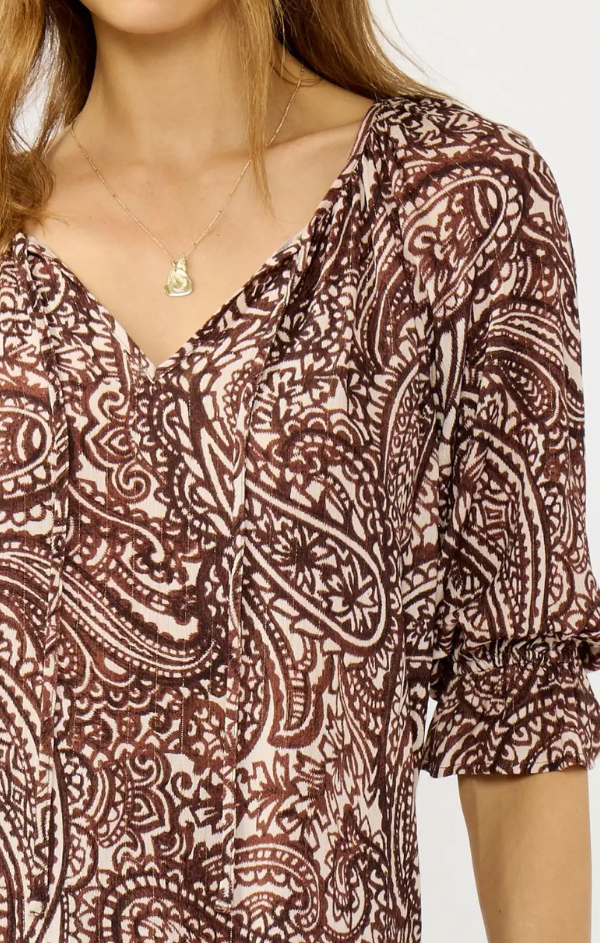 Smocked Paisley Split Neck Blouse