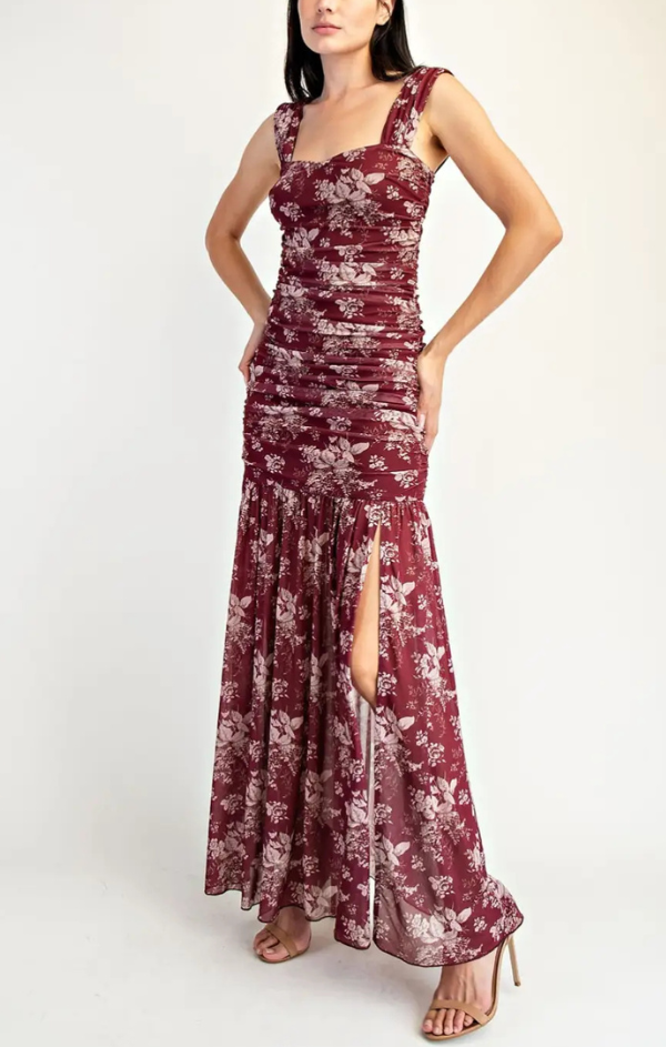 Fae Floral Ruched Maxi Dress with Slit