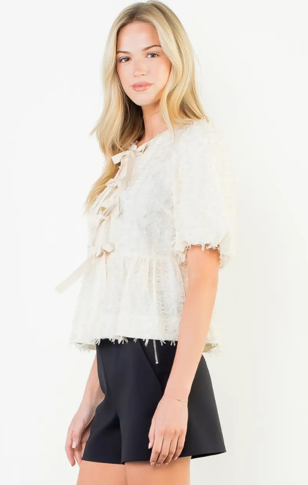 Freya Fringed Front Tie Puff Sleeve Top