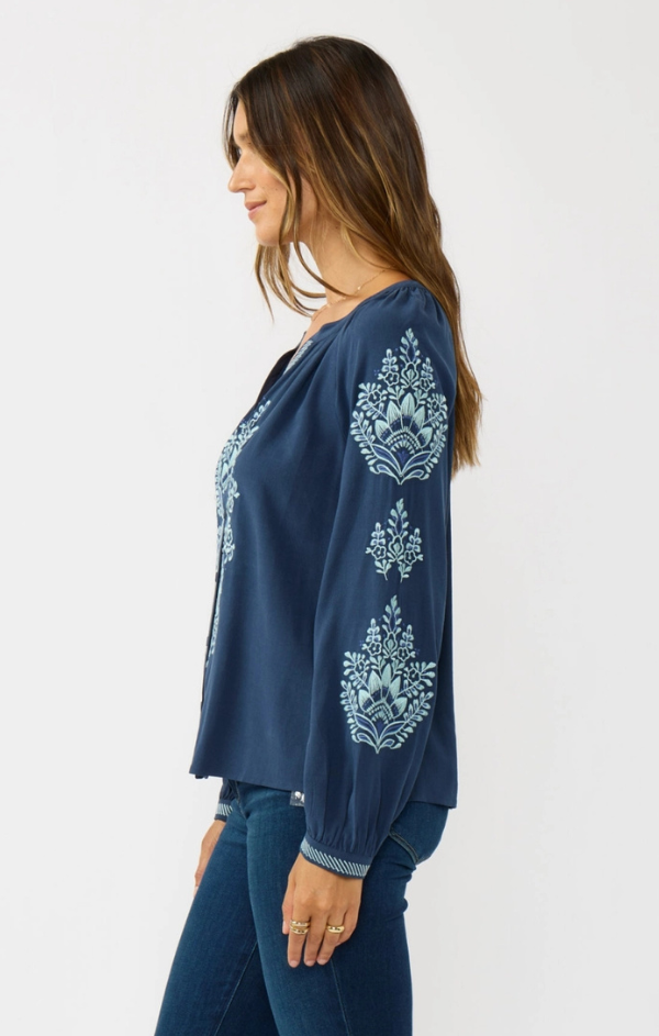 Sky Blooms Embroidered Raglan Button Blouse