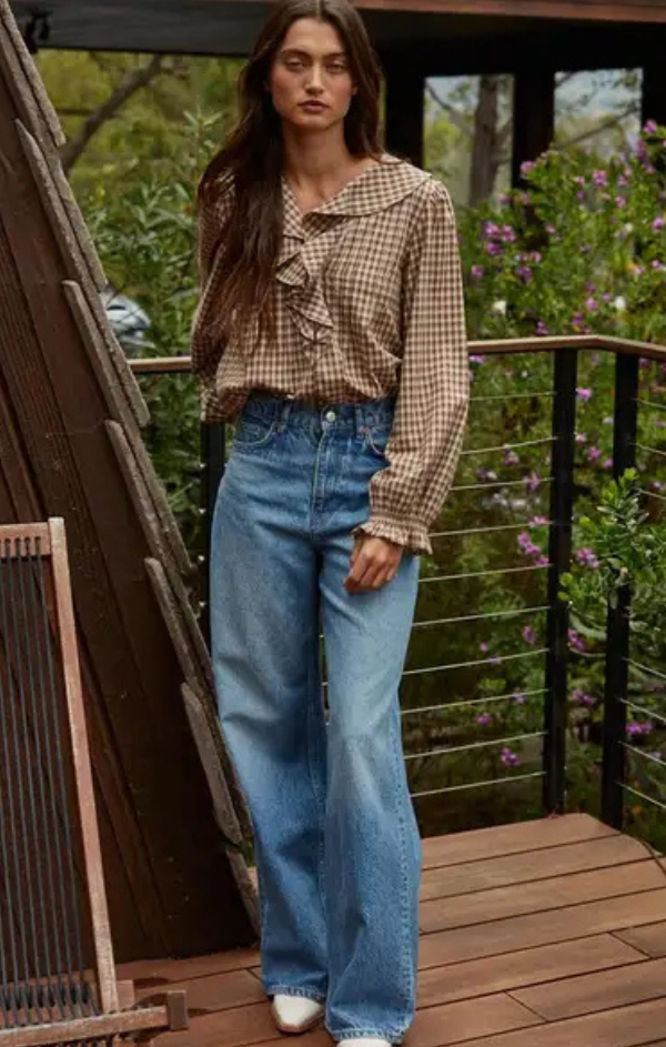 Cotton Gingham Ruffle Blouse