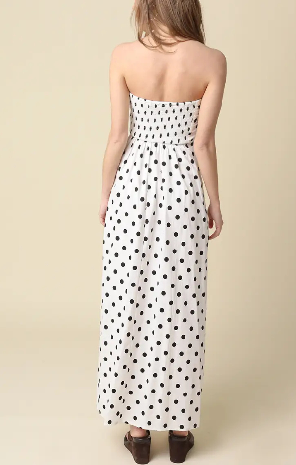 Vivian Cotton and Linen Strapless Polka Dot Maxi L
