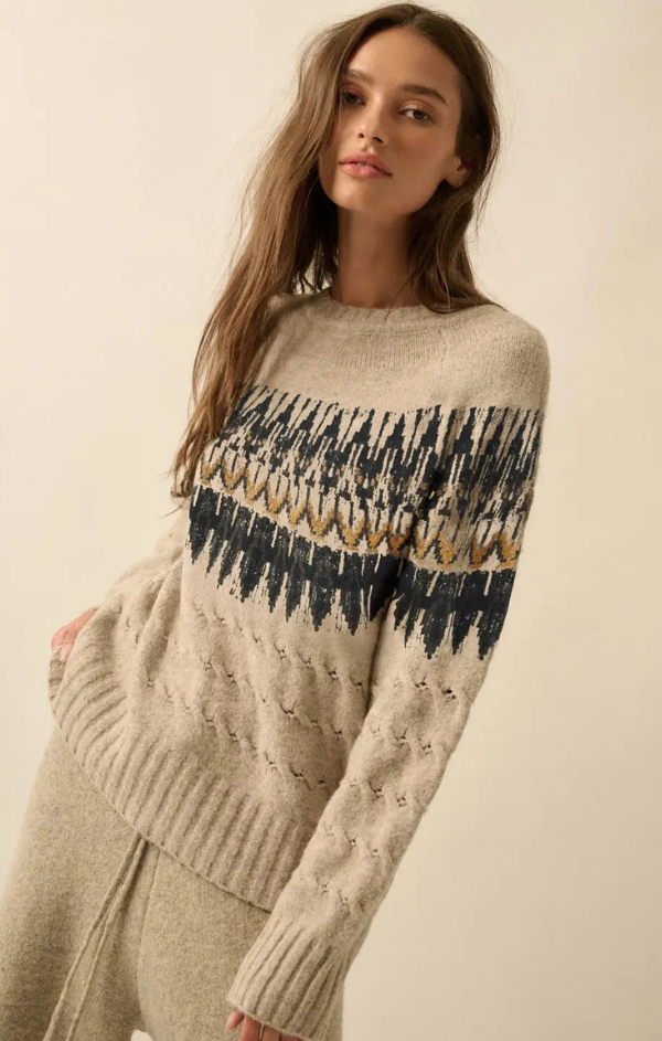 Cable Knit Fair Isle Raglan Sleeve Sweater