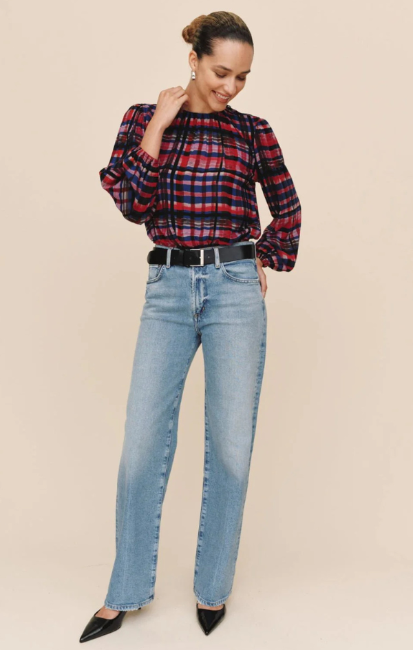 Elastic Shirred Top in Winter Plaid Print