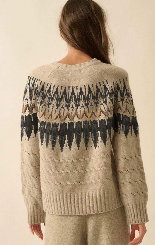 Cable Knit Fair Isle Raglan Sleeve Sweater