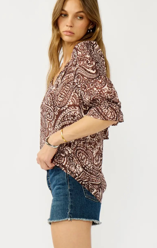 Smocked Paisley Split Neck Blouse