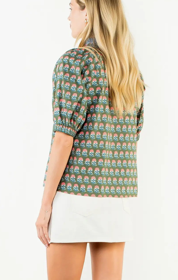 Ruffle Neck Puff Sleeve Flower Top – Mint