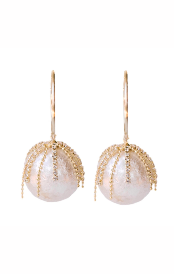 Diamond Fringe Holiday Pearl Hoop Earrings