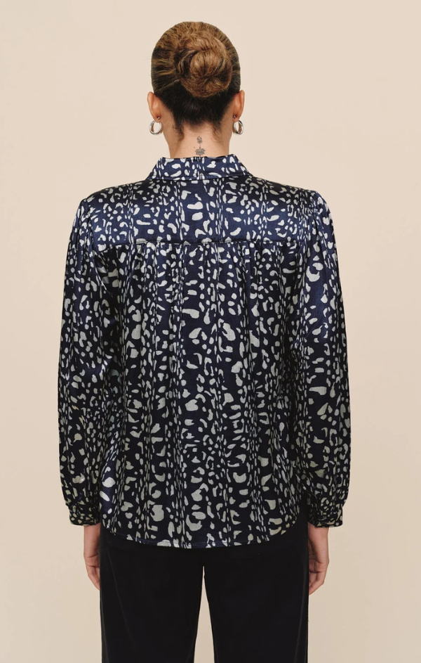 Long Sleeve Shirred Shoulder Button Down