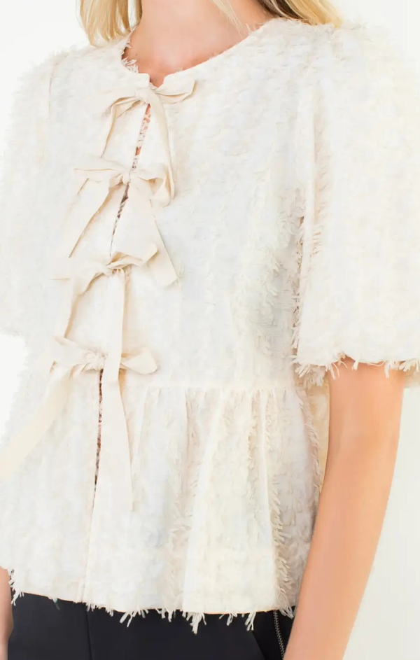 Freya Fringed Front Tie Puff Sleeve Top