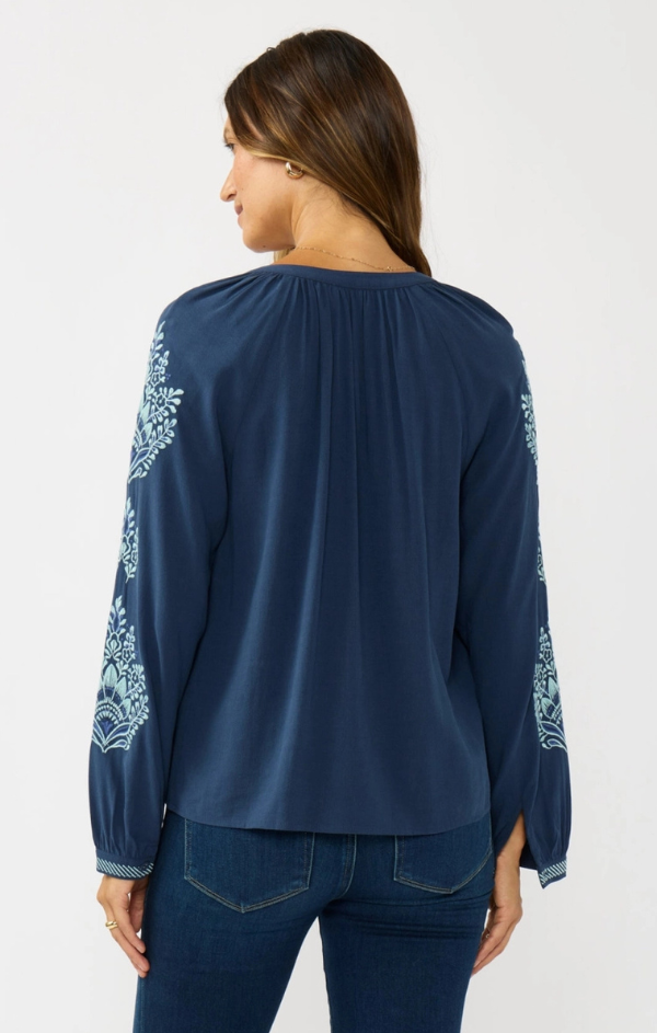 Sky Blooms Embroidered Raglan Button Blouse