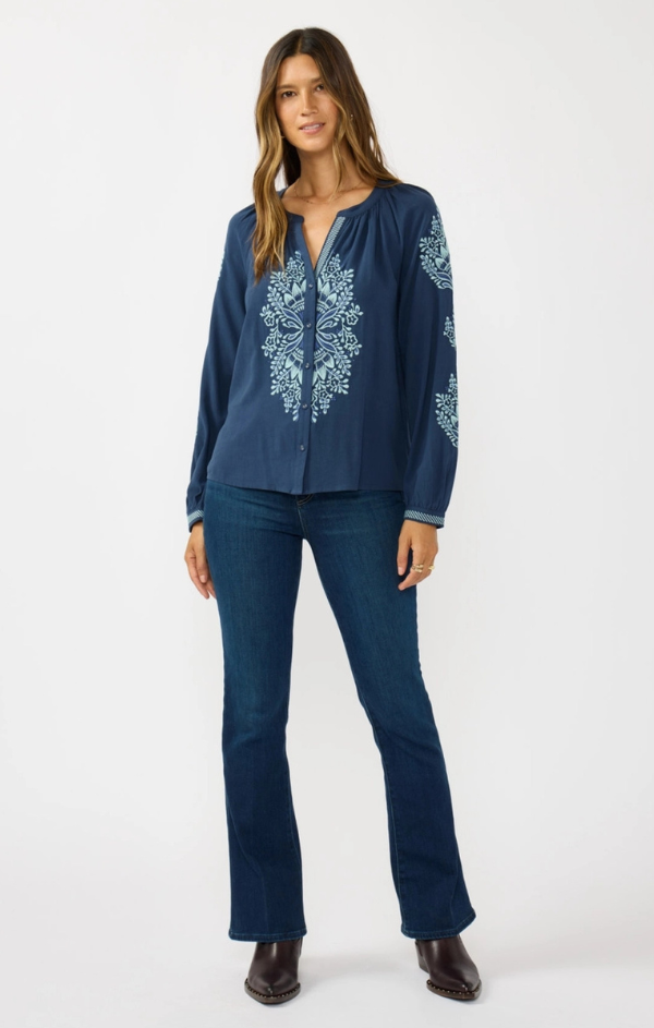 Sky Blooms Embroidered Raglan Button Blouse