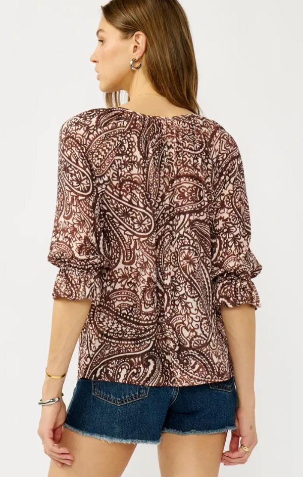 Smocked Paisley Split Neck Blouse