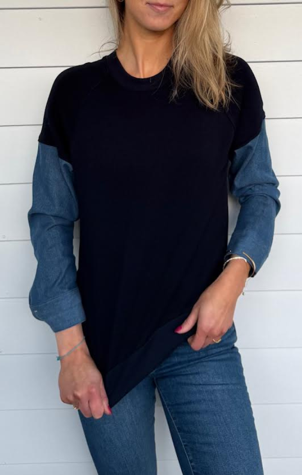 Caitlin Denim Accent Crew Neck