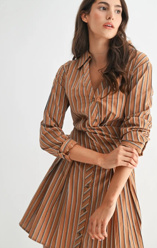 brown and white striped shirt dress Teddie Brown Striped Midi Dress