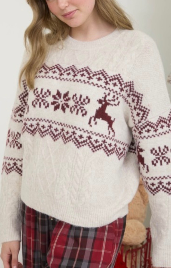Snowflake Deer Cable Knit Sweater