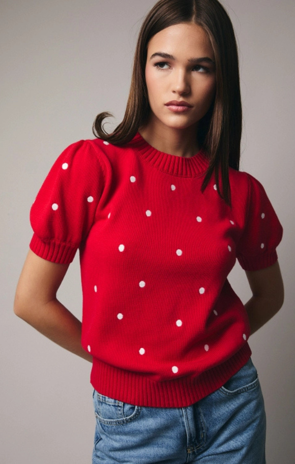 Polka Dot Puff Sleeve Sweater