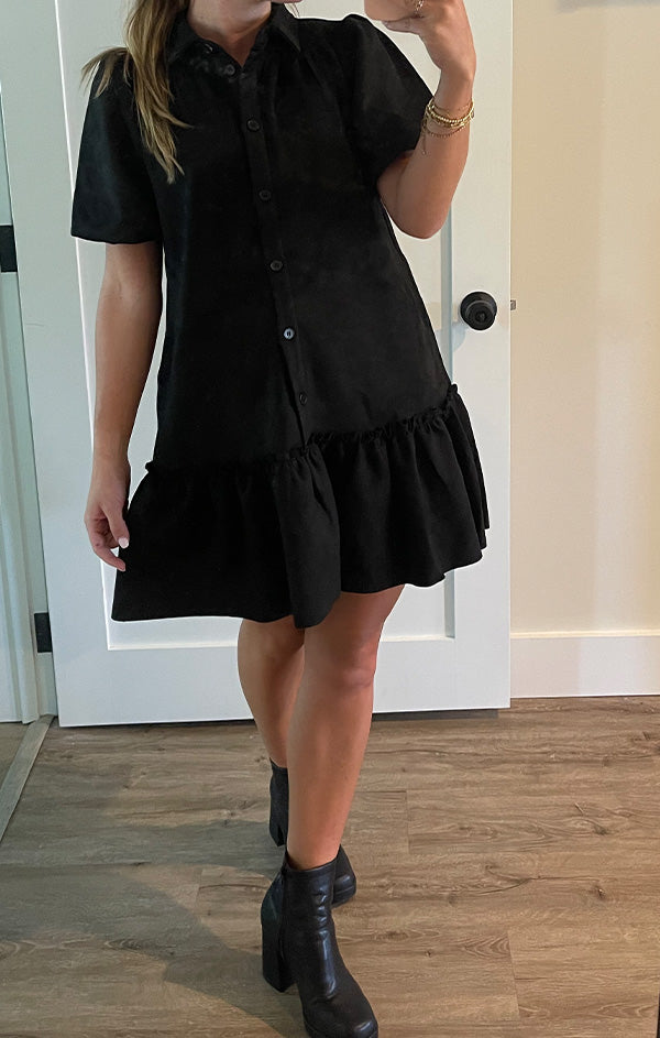puff shoulder black dress
