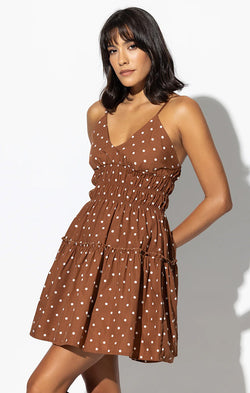 brown and white polka dot mini dress