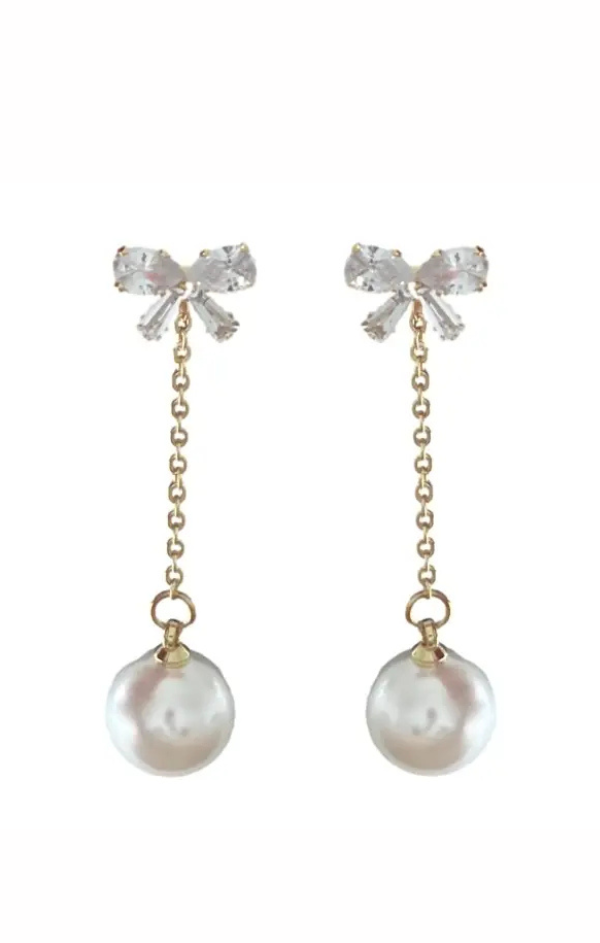 Crystal Bow and Pearl Drop Swingy Statement Earrings