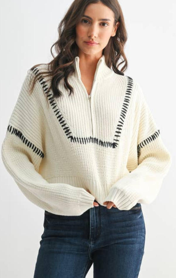 Knit Half-Zip Sweater With Contrast Stitching