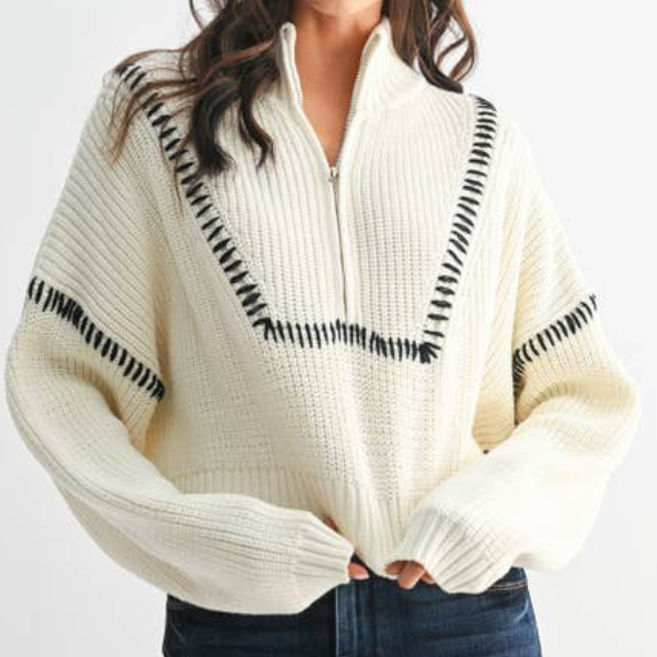 Knit Half-Zip Sweater With Contrast Stitching – Mint