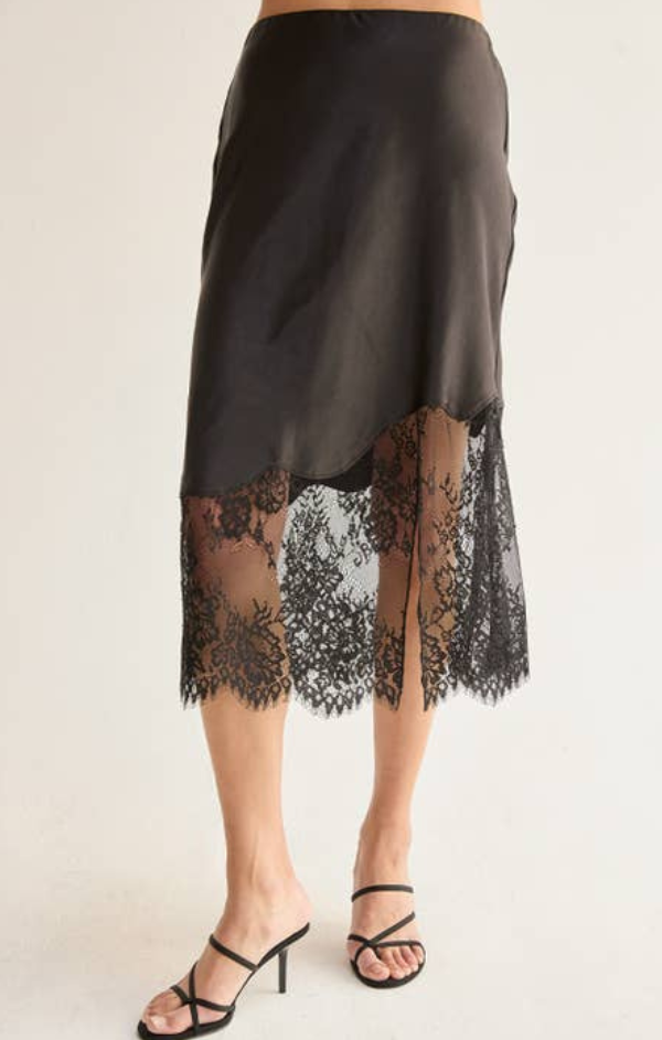 Ivy Satin Lace Insert Midi Skirt