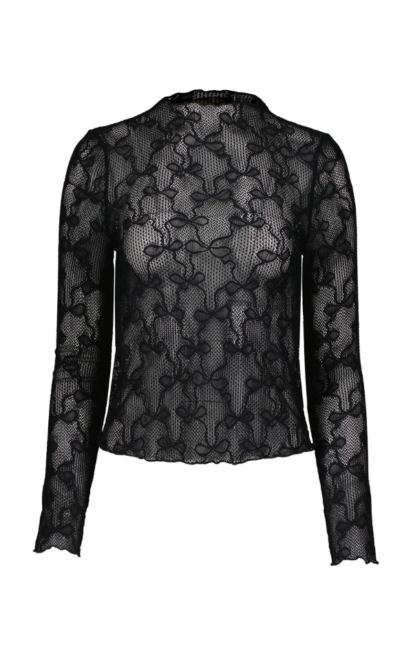 Spencer Funnel Neck Top in Black Bow Lace