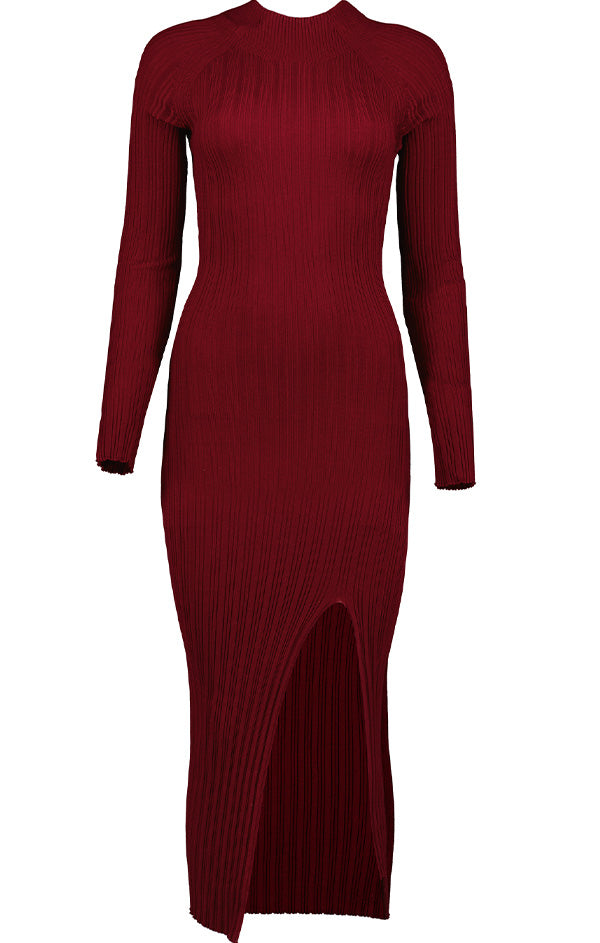 red ribbed knit midi dress