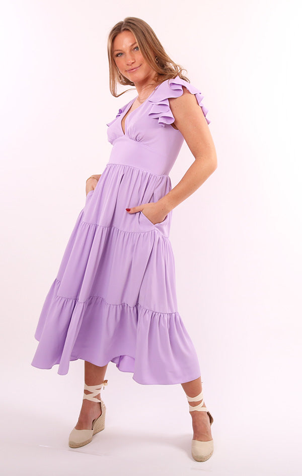 purple ruffle midi dress