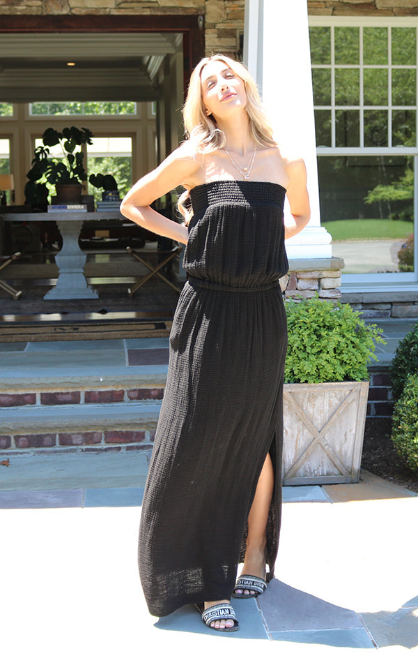strapless black maxi dress
